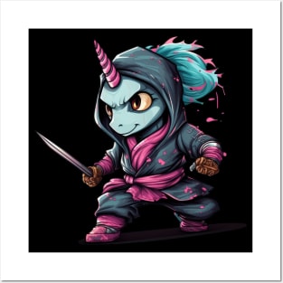 Magical Ninja Unicorn: Pink & Blue 3D Cartoon Delight Posters and Art